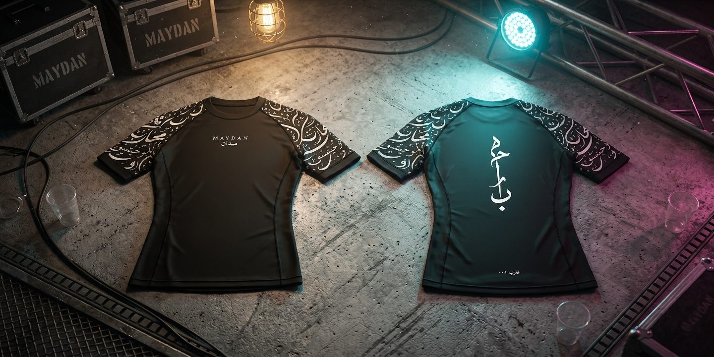 Two MAYDAN rashguards, front and back, laid on a concrete floor between stage equipment